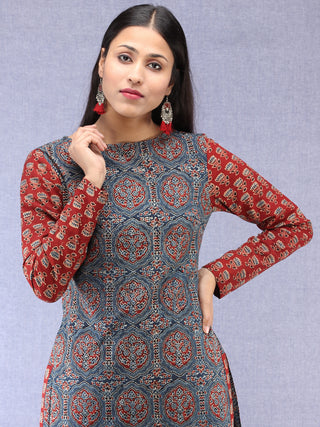 Indigo Red Ajrakh Hand Block Printed Straight Kurta  - K73BPA143