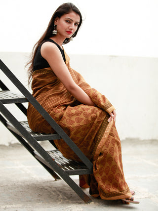 Brown Maroon Black Bagh Hand Block Printed Maheswari Silk Saree - S031703824