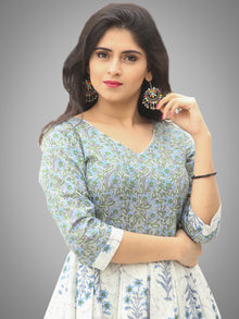 Saima - Grey Ivory Blue Block Printed Box Pleated Long Dress - D398F2042