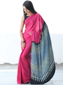 Pink Yellow Black Indigo Bandhej Modal Silk Saree With Ajrakh Printed Pallu & Blouse - S031703878