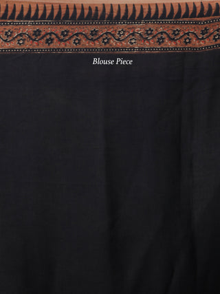 Coffee Brown Black Red Ivory Ajrakh Hand Block Printed Modal Silk Saree in Natural Colors - S031703701