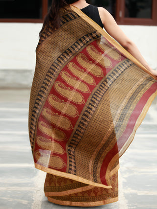 Brown Maroon Black Bagh Hand Block Printed Maheswari Silk Saree - S031703824