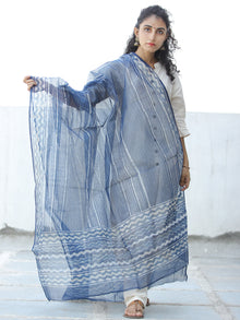 Indigo White Kota Doria Cotton Hand Block Printed Dupatta  - D04170623