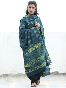 Indigo Green Yellow  Handloom Cotton Hand Block Printed Dupatta - D04170384