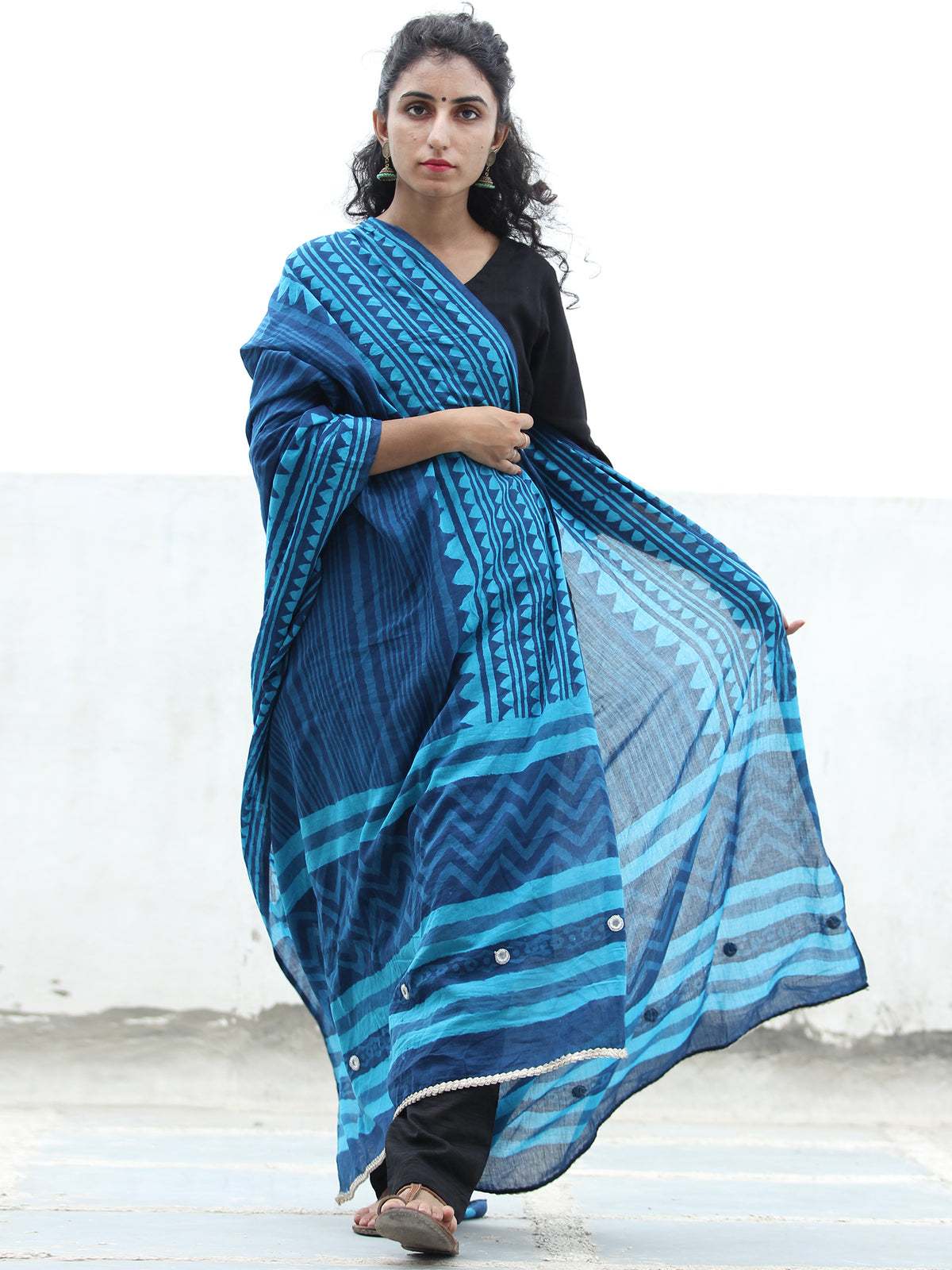 Indigo Blue Handloom Cotton Hand Block Printed Dupatta With Mirror Work - D04170385