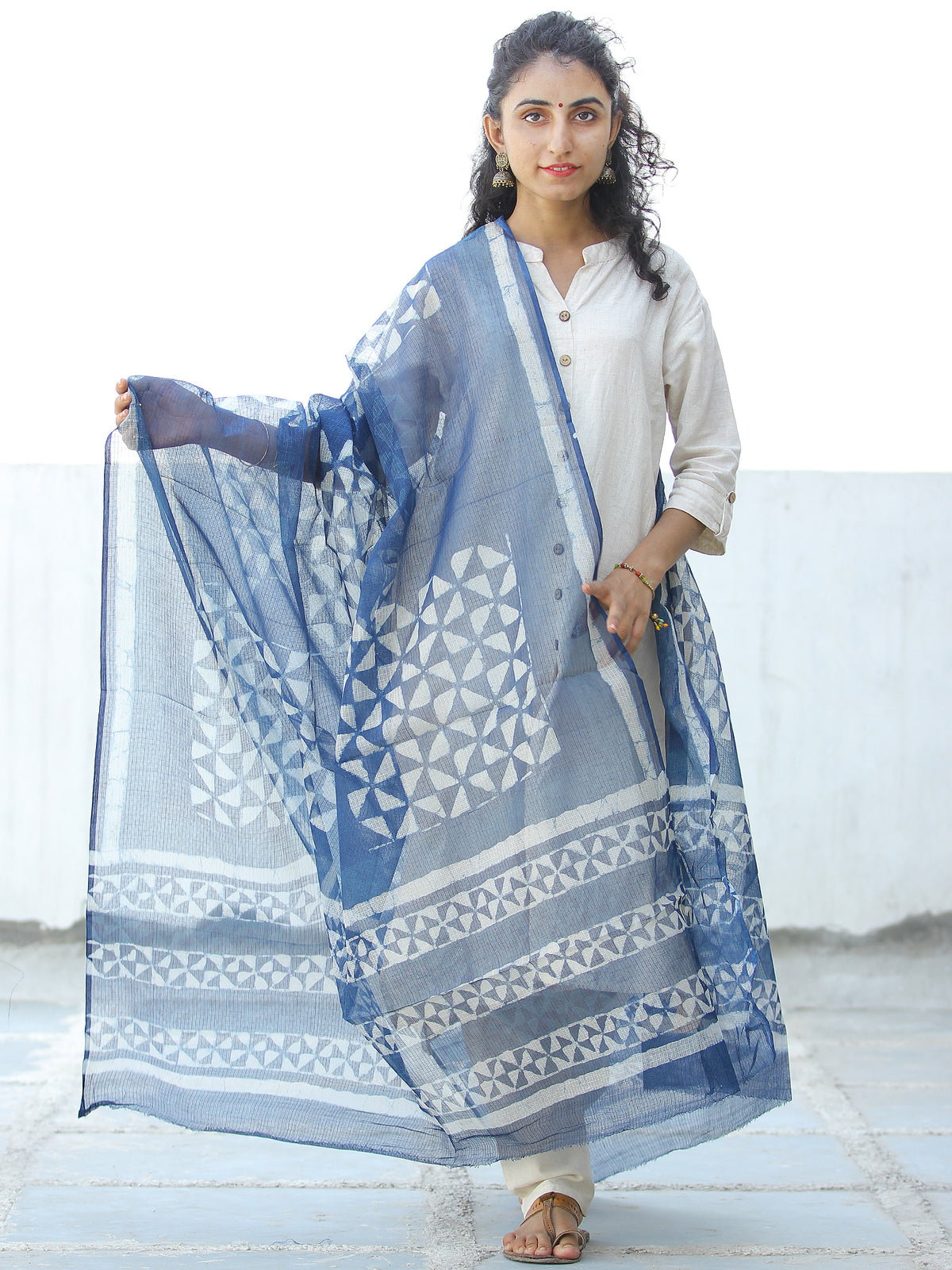 Indigo White Kota Doria Cotton Hand Block Printed Dupatta  - D04170624