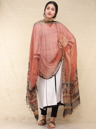 Beige Red Black Kota Silk Hand Block Printed Dupatta - D04170775