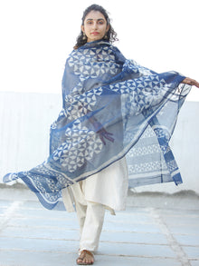 Indigo White Kota Doria Cotton Hand Block Printed Dupatta  - D04170624