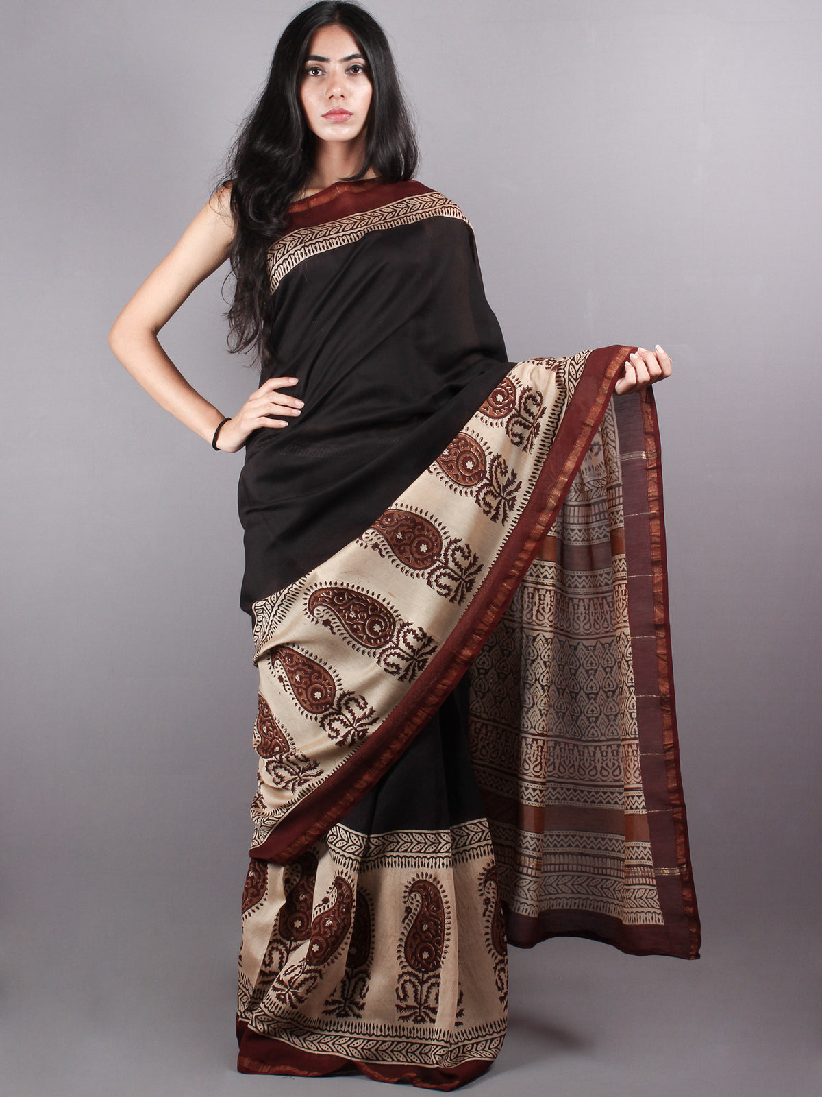Black Brown Bagru Hand Block Printed and Dyed Chanderi Saree - S03170154