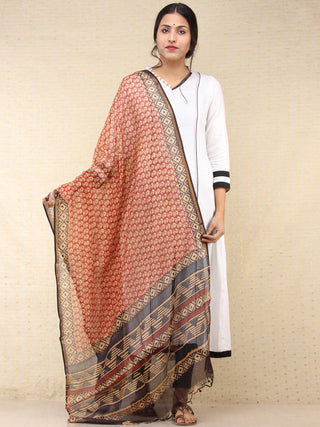 Beige Red Black Kota Silk Hand Block Printed Dupatta - D04170776