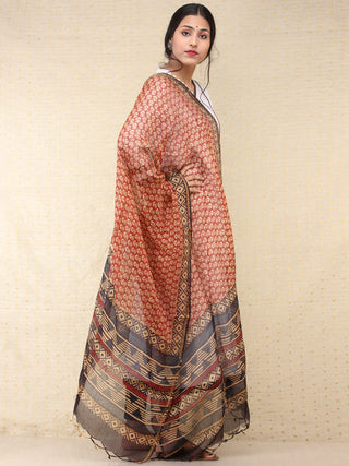 Beige Red Black Kota Silk Hand Block Printed Dupatta - D04170776