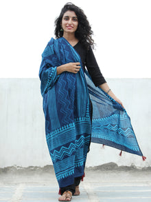 Indigo Blue Handloom Cotton Hand Block Printed Dupatta With Tassel - D04170386