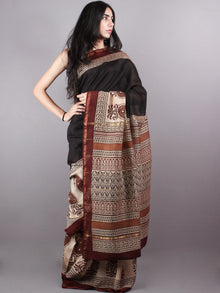 Black Brown Bagru Hand Block Printed and Dyed Chanderi Saree - S03170154