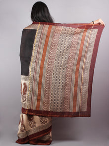 Black Brown Bagru Hand Block Printed and Dyed Chanderi Saree - S03170154