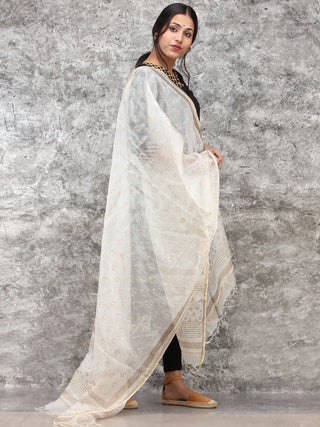 White Gold Kota Silk Hand Block Painted Dupatta - D04170778