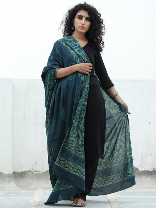 Deep Indigo Green  Handloom Cotton Hand Block Printed Dupatta  - D04170389