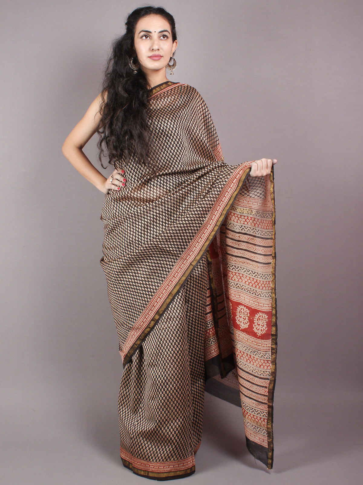 Beige Red Black Chanderi Bagru Hand Block Printed Saree - S03170281