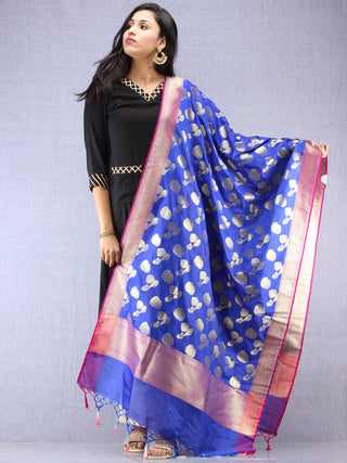 Banarasi Silk Dupatta With Zari Work - Electric Blue Magenta & Gold - D04170884