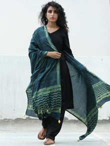 Deep Indigo Green Handloom Cotton Hand Block Printed Dupatta  - D04170391