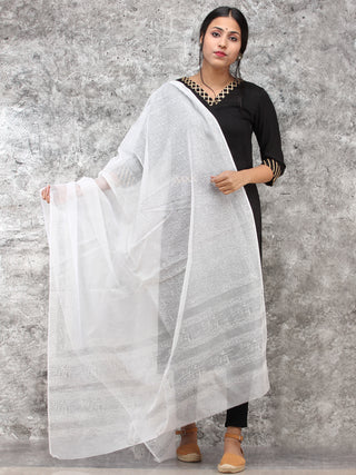 White Kota Doria Hand Block Printed Dupatta - D04170781