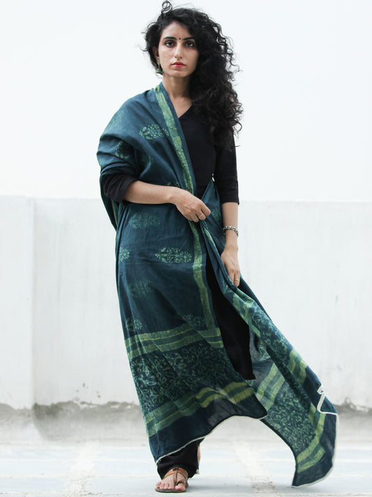 Deep Indigo Green Handloom Cotton Hand Block Printed Dupatta with Lace Border - D04170392