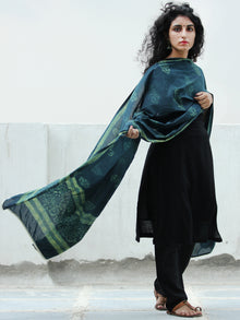 Deep Indigo Green Handloom Cotton Hand Block Printed Dupatta with Lace Border - D04170392