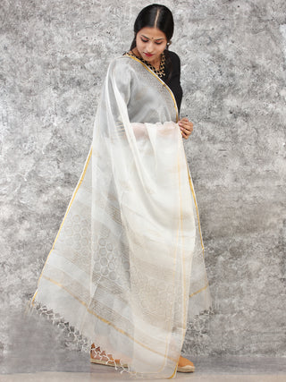 White Gold Kota Silk Hand Block Printed Dupatta - D04170782