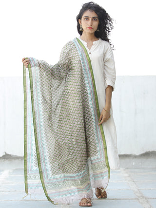 Asparagus Green White Chanderi Hand Block Printed Dupatta - D04170626
