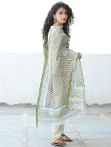 Asparagus Green White Chanderi Hand Block Printed Dupatta - D04170626
