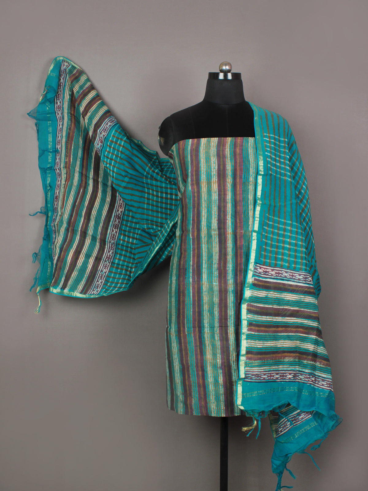 Teal Blue Brown Maroon Ivory Hand Block Printed Chanderi Silk Kurta & Chanderi Dupatta Fabric Set of 2 - S1628211