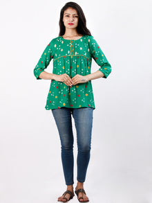 Parrot Green Bandhani Glace Cotton Top With Gotta  - T58FXXX