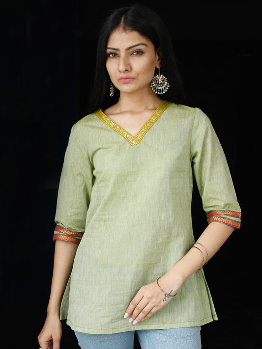 Sage Green South Handloom Cotton Top With  Zari Border - T46FXXX