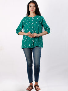 Green White Bandhani Glace Cotton Top With Shirt Style  - T56FXXX