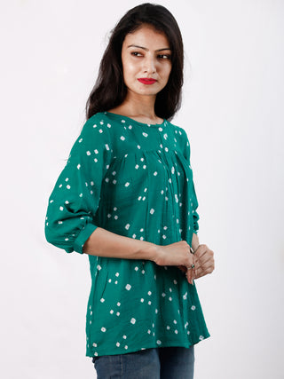 Green White Bandhani Glace Cotton Top With Shirt Style  - T56FXXX