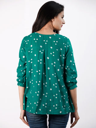 Green White Bandhani Glace Cotton Top With Shirt Style  - T56FXXX