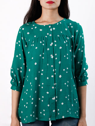 Green White Bandhani Glace Cotton Top With Shirt Style  - T56FXXX