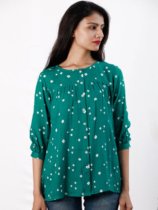Green White Bandhani Glace Cotton Top With Shirt Style  - T56FXXX