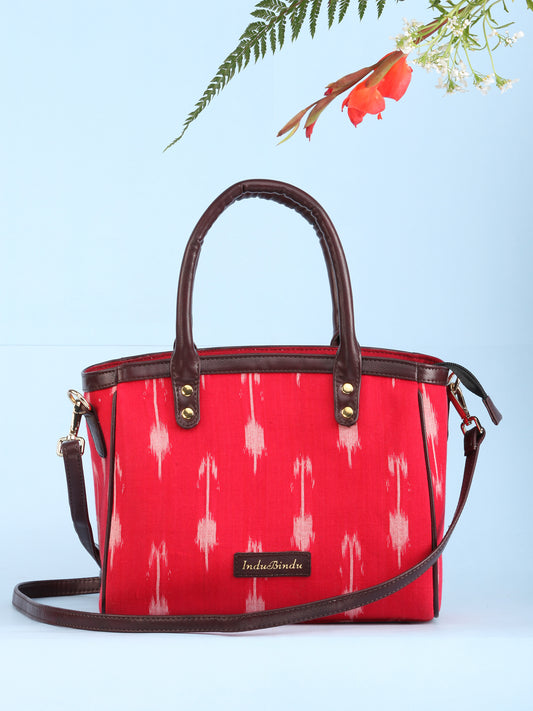Red Ikat & Vegan Leather Bucket Style Hand Bag - B1501