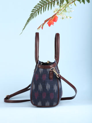 Navy OffWhite Ikat & Vegan Leather Bucket Style Hand Bag - B1502