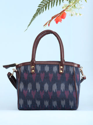 Navy OffWhite Ikat & Vegan Leather Bucket Style Hand Bag - B1502