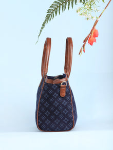 Navy Blue Hand Block Printed Vegan Leather Bucket Style Hand Bag - B1509