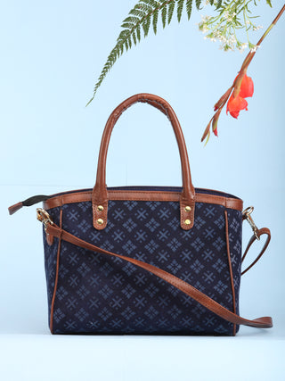 Navy Blue Hand Block Printed Vegan Leather Bucket Style Hand Bag - B1509
