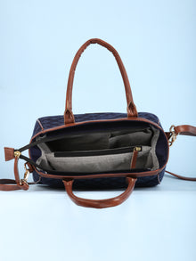 Navy Blue Hand Block Printed Vegan Leather Bucket Style Hand Bag - B1509