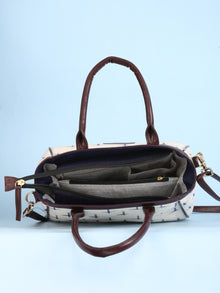 OffWhite Ikat & Vegan Leather Bucket Style Hand Bag - B1503