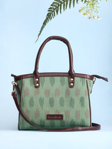 Green Ikat & Vegan Leather Bucket Style Hand Bag - B1504