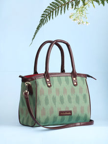 Green Ikat & Vegan Leather Bucket Style Hand Bag - B1504