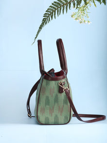 Green Ikat & Vegan Leather Bucket Style Hand Bag - B1504