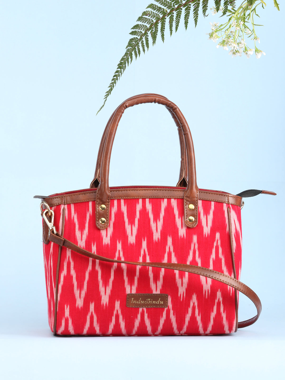 Red Ikat & Vegan Leather Bucket Style Hand Bag - B1505