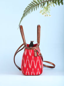 Red Ikat & Vegan Leather Bucket Style Hand Bag - B1505