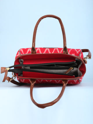 Red Ikat & Vegan Leather Bucket Style Hand Bag - B1505
